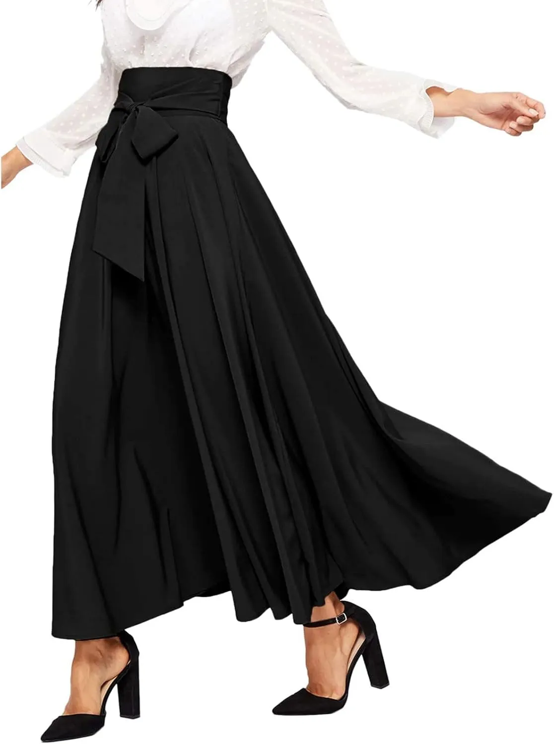 Women's Elegant High Waist Skirt Casual Solid Color Pleated Long Skirt Tie Front Ankle Length Maxi Skirts