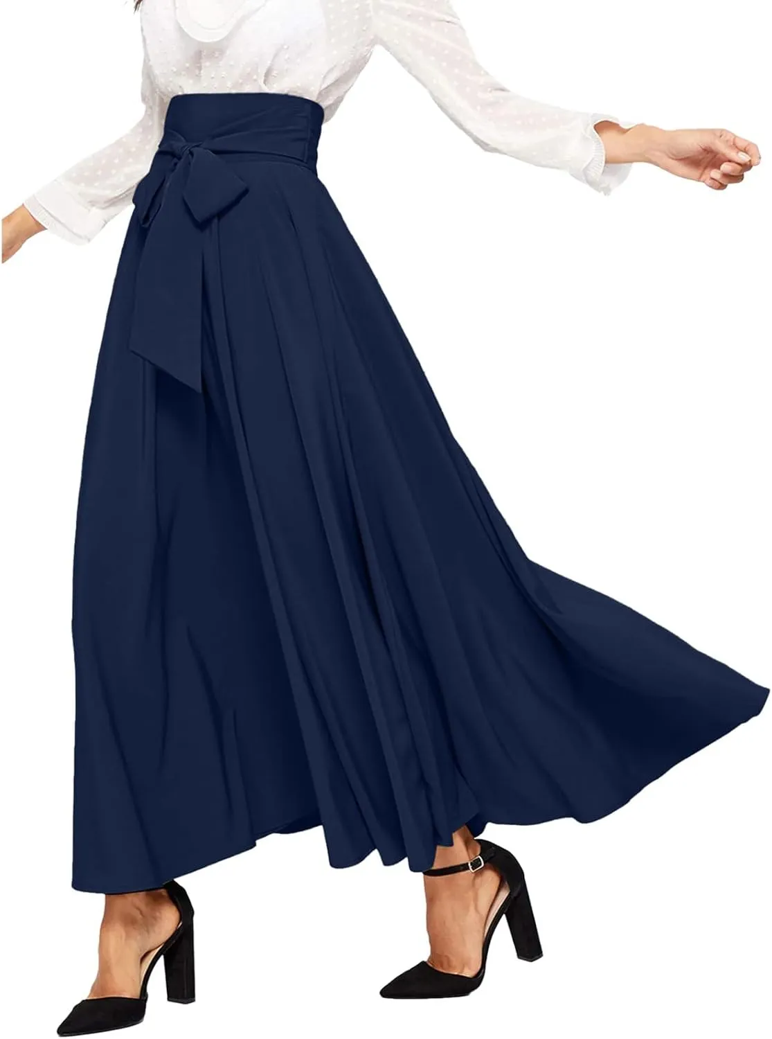 Women's Elegant High Waist Skirt Casual Solid Color Pleated Long Skirt Tie Front Ankle Length Maxi Skirts