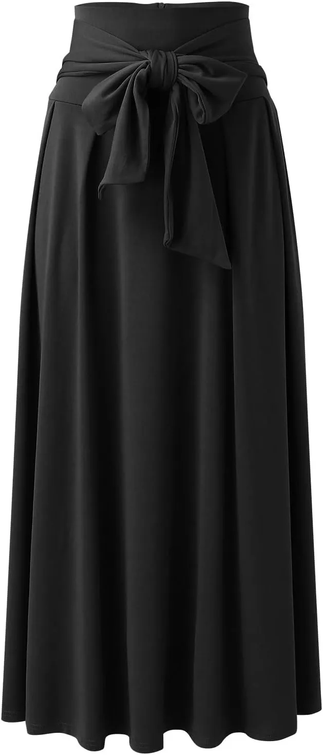 Women's Elegant High Waist Skirt Casual Solid Color Pleated Long Skirt Tie Front Ankle Length Maxi Skirts