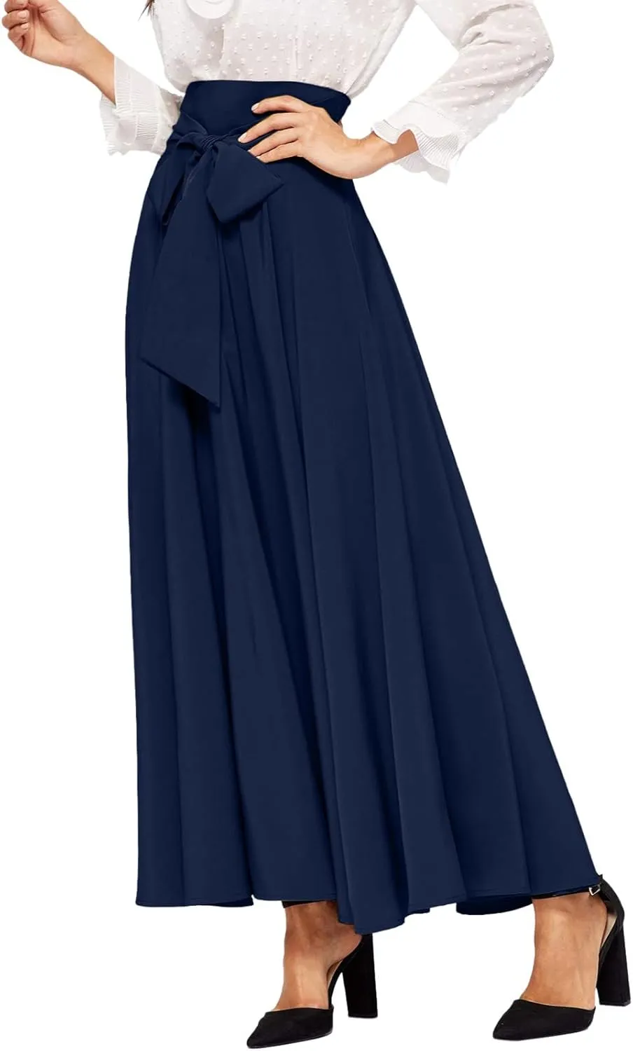 Women's Elegant High Waist Skirt Casual Solid Color Pleated Long Skirt Tie Front Ankle Length Maxi Skirts