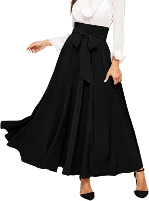 Women's Elegant High Waist Skirt Casual Solid Color Pleated Long Skirt Tie Front Ankle Length Maxi Skirts