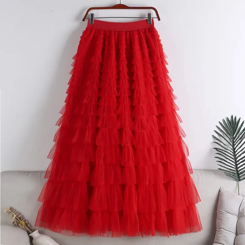 Women's Layered Ruffles Mesh Sheet Midi Long A Line Skirt Puffy Cake Elegant Vintage Elastic Waist Tulle Skirt
