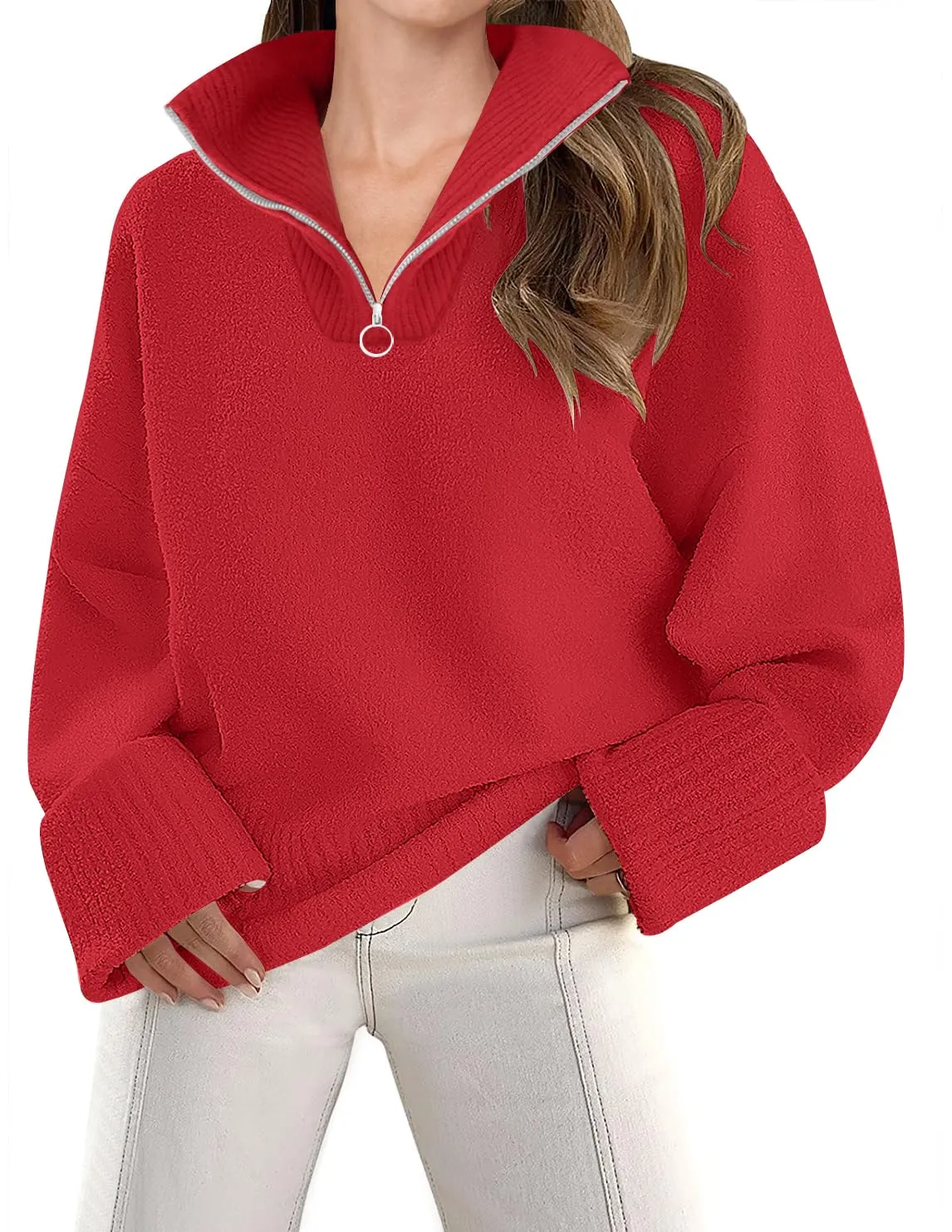 ZESICA 1/4 Zipper V Neck Fuzzy Knitted Chunky Sweater