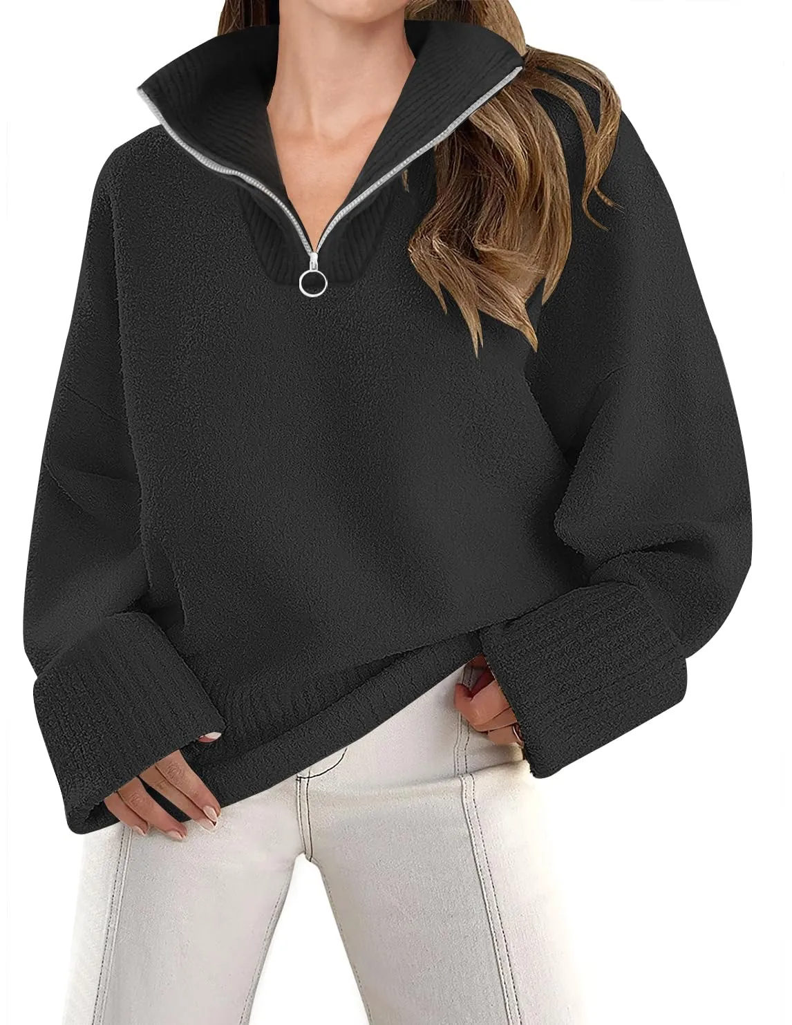 ZESICA 1/4 Zipper V Neck Fuzzy Knitted Chunky Sweater