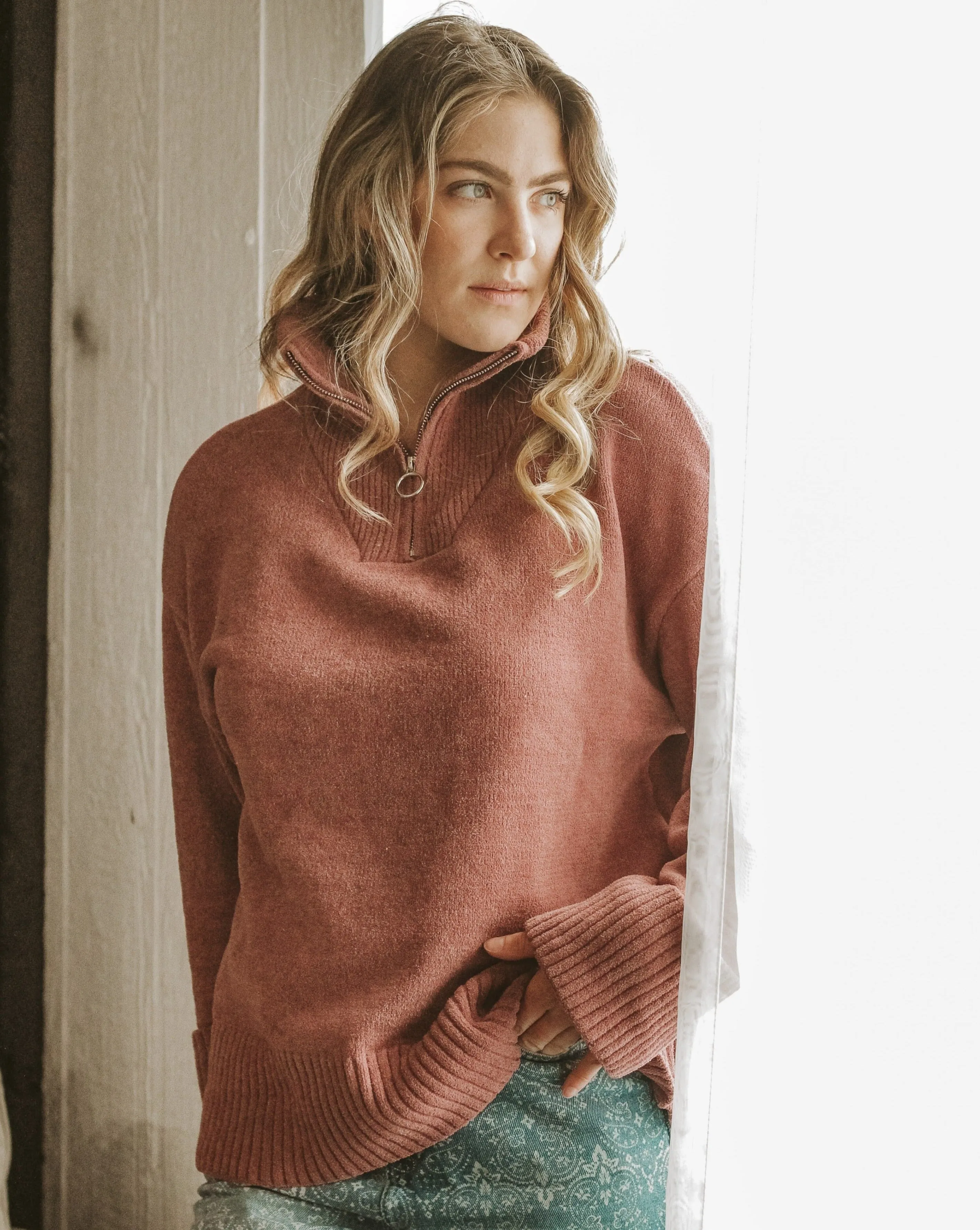 ZESICA 1/4 Zipper V Neck Fuzzy Knitted Chunky Sweater