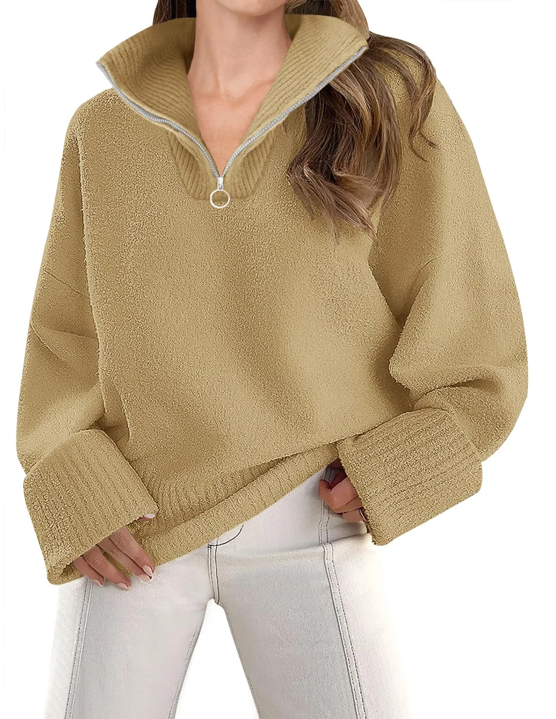 ZESICA 1/4 Zipper V Neck Fuzzy Knitted Chunky Sweater