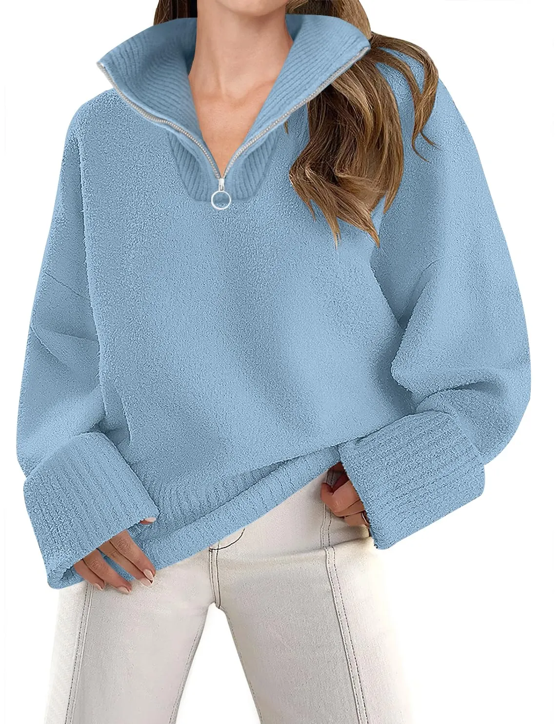 ZESICA 1/4 Zipper V Neck Fuzzy Knitted Chunky Sweater