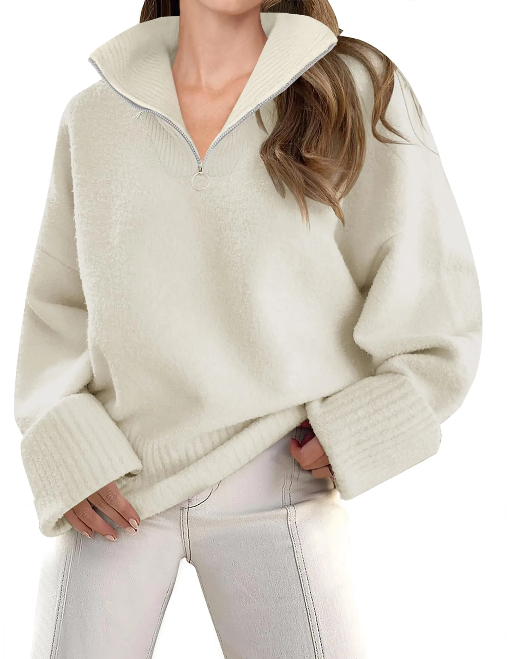 ZESICA 1/4 Zipper V Neck Fuzzy Knitted Chunky Sweater
