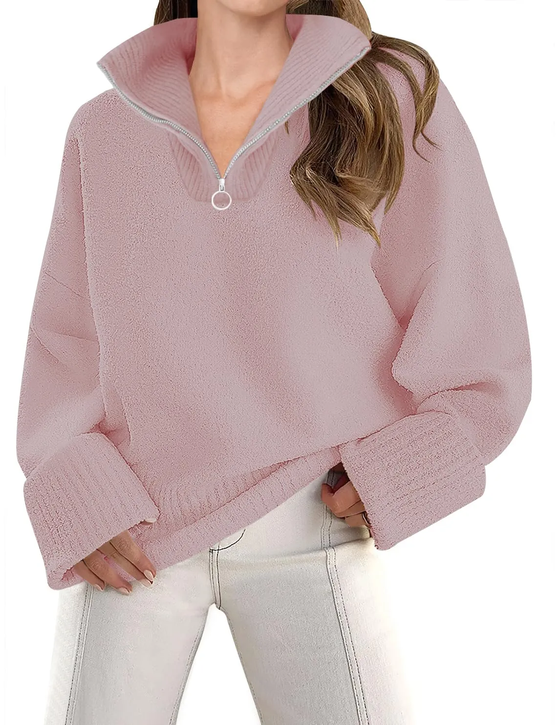 ZESICA 1/4 Zipper V Neck Fuzzy Knitted Chunky Sweater